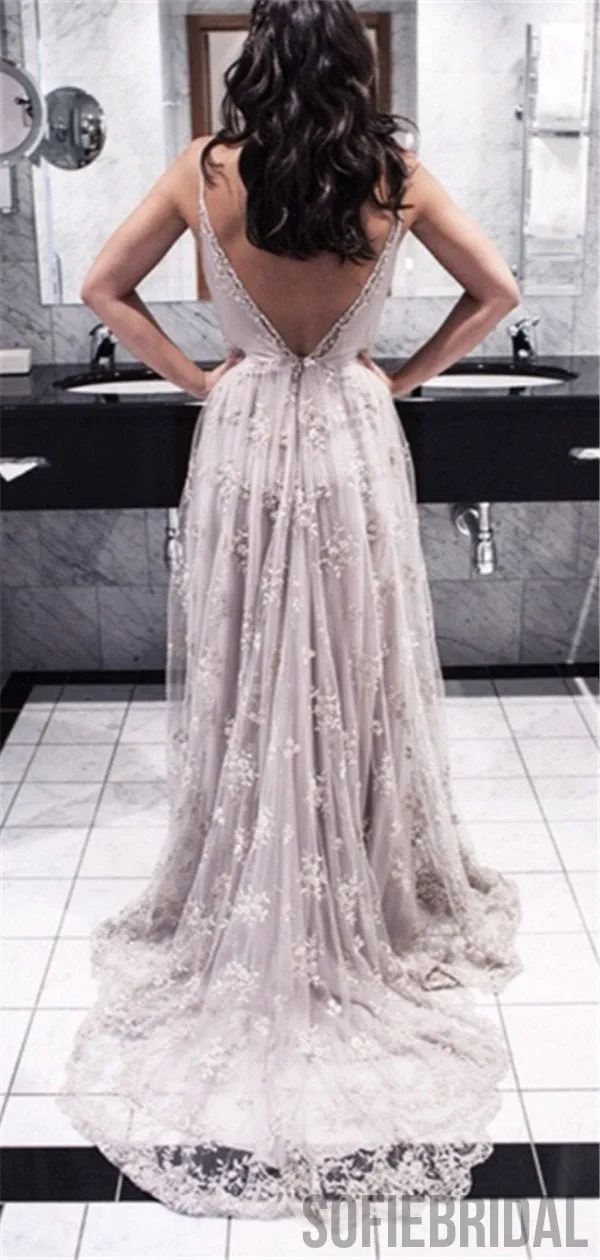 A-line spaghetti straps V-neck Prom Dresses With Train, PD0044