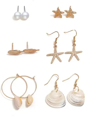 Aktully 6PC Summer Beach Earring Set for Women Gold Bohemian Shells Starfish Conch Dangle Earrings Dainty Leaves Pearl Stud Earrings Summer Gifts for Women
