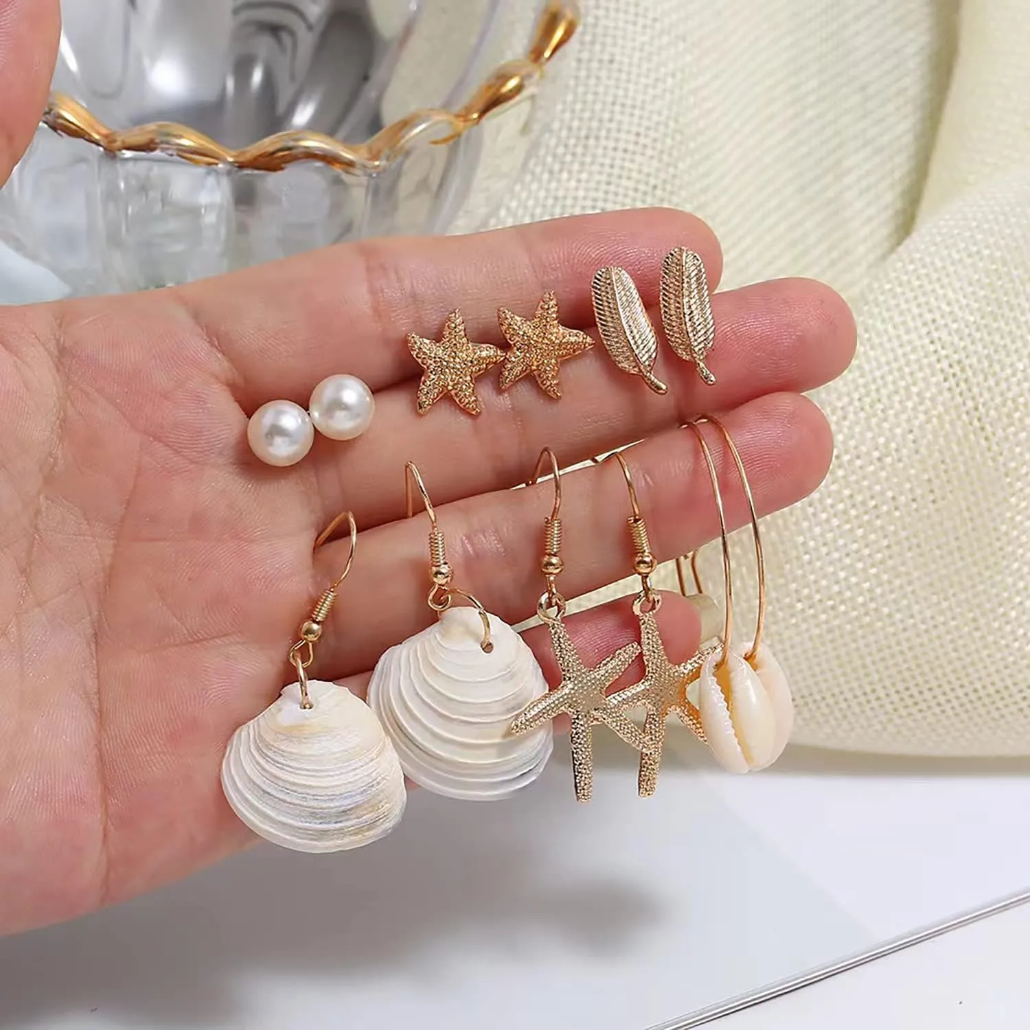 Aktully 6PC Summer Beach Earring Set for Women Gold Bohemian Shells Starfish Conch Dangle Earrings Dainty Leaves Pearl Stud Earrings Summer Gifts for Women