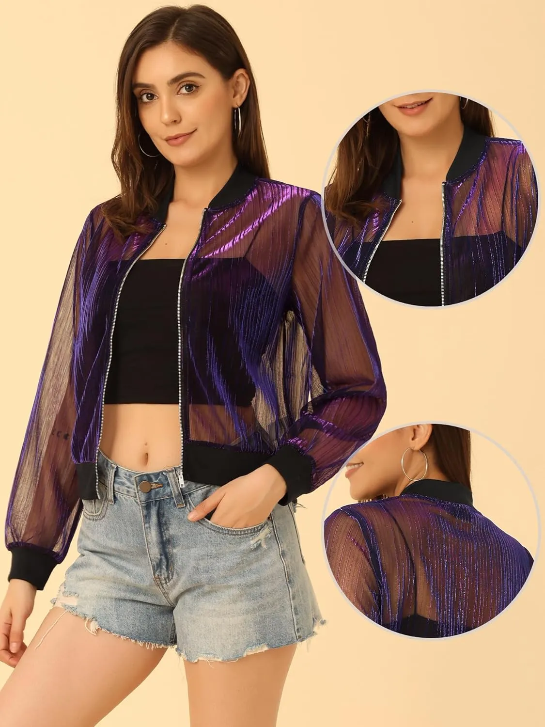 Allegra K Bomber Jacket for Women's Sheer Mesh Glitter Shiny Long Sleeve Zip Up Jackets