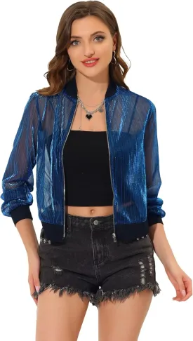 Allegra K Bomber Jacket for Women's Sheer Mesh Glitter Shiny Long Sleeve Zip Up Jackets