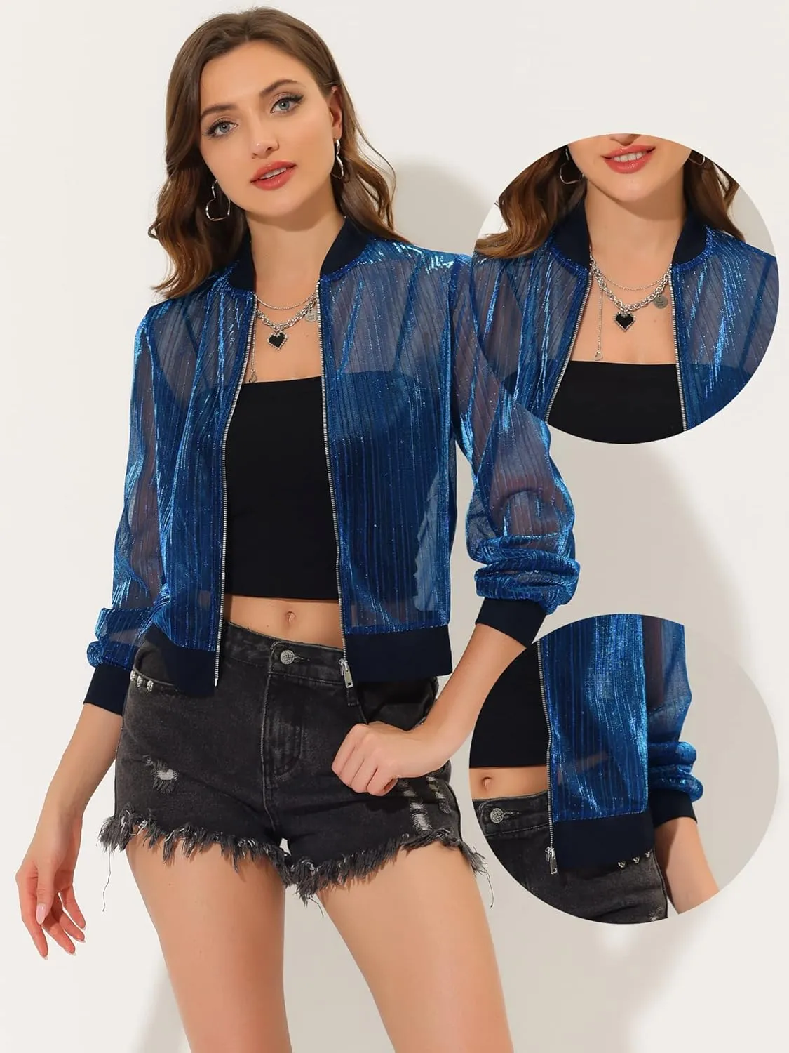 Allegra K Bomber Jacket for Women's Sheer Mesh Glitter Shiny Long Sleeve Zip Up Jackets