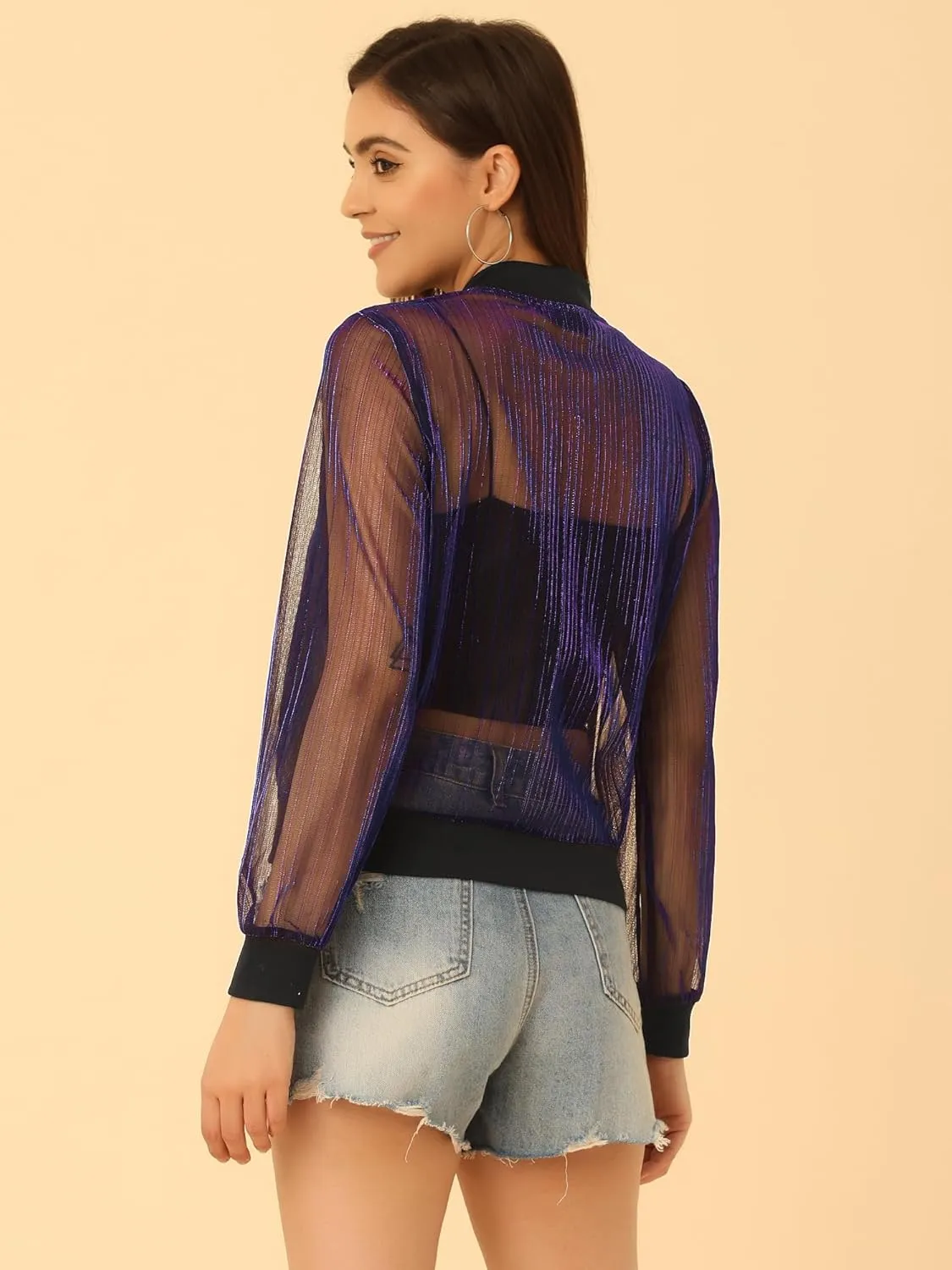 Allegra K Bomber Jacket for Women's Sheer Mesh Glitter Shiny Long Sleeve Zip Up Jackets