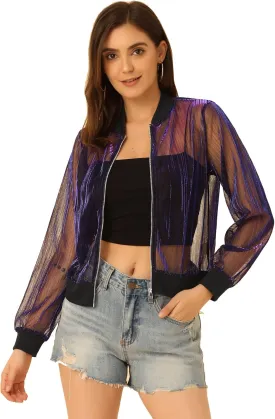 Allegra K Bomber Jacket for Women's Sheer Mesh Glitter Shiny Long Sleeve Zip Up Jackets