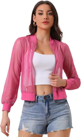 Allegra K Bomber Jacket for Women's Sheer Mesh Glitter Shiny Long Sleeve Zip Up Jackets