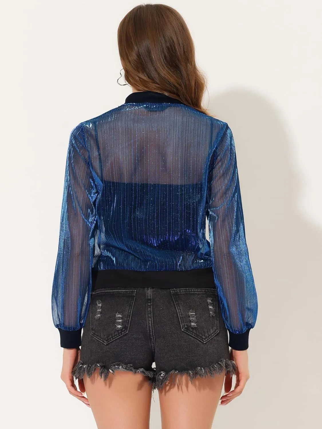 Allegra K Bomber Jacket for Women's Sheer Mesh Glitter Shiny Long Sleeve Zip Up Jackets