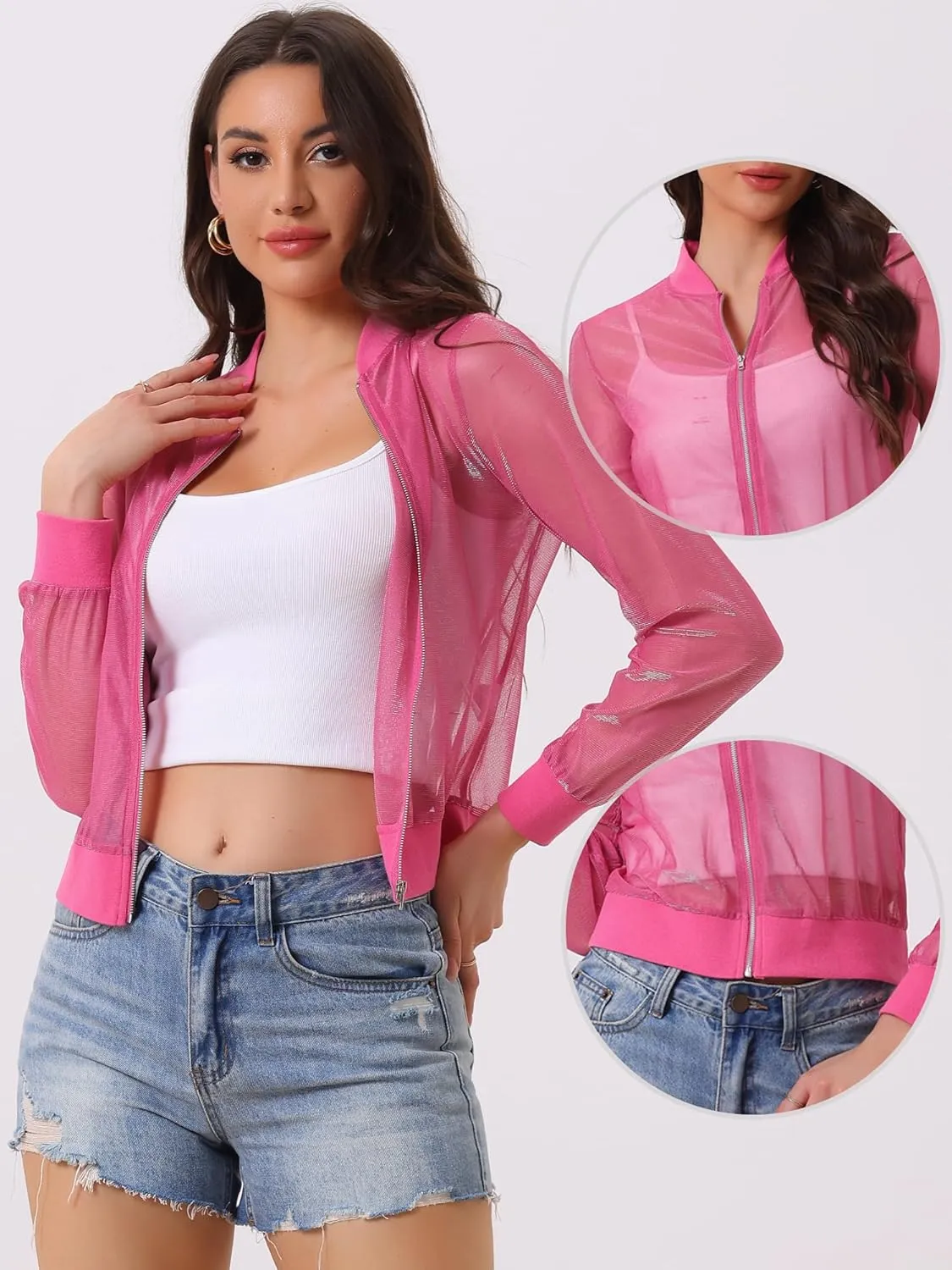 Allegra K Bomber Jacket for Women's Sheer Mesh Glitter Shiny Long Sleeve Zip Up Jackets