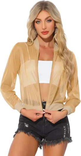 Allegra K Bomber Jacket for Women's Sheer Mesh Glitter Shiny Long Sleeve Zip Up Jackets