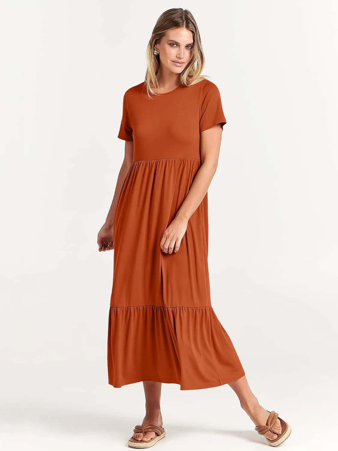 ANRABESS Womens 2025 Summer Casual Maxi Dress A line Tiered Flowy Short Sleeve Crewneck T Shirt Beach Travel Long Dresses