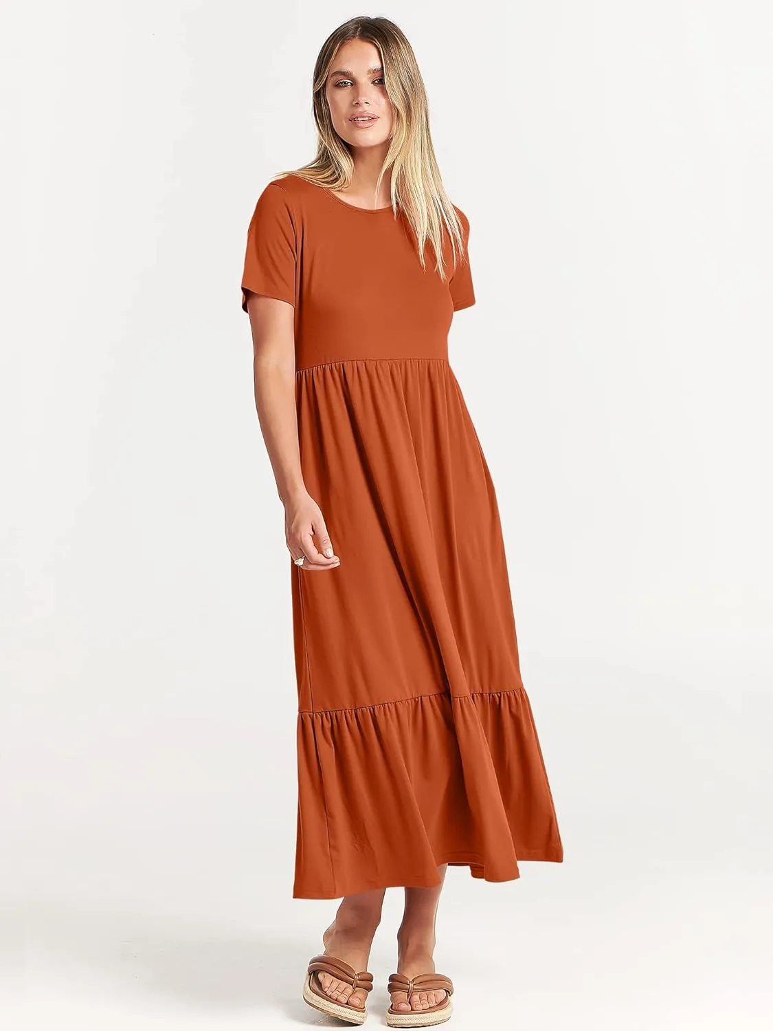 ANRABESS Womens 2025 Summer Casual Maxi Dress A line Tiered Flowy Short Sleeve Crewneck T Shirt Beach Travel Long Dresses