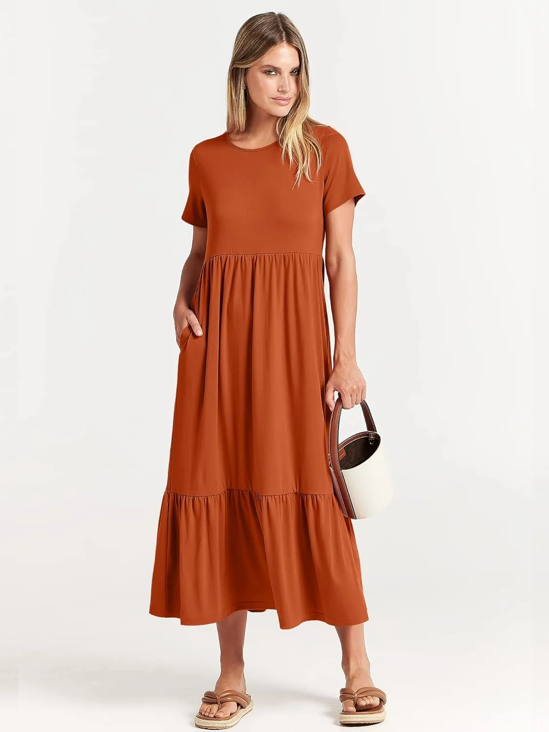 ANRABESS Womens 2025 Summer Casual Maxi Dress A line Tiered Flowy Short Sleeve Crewneck T Shirt Beach Travel Long Dresses