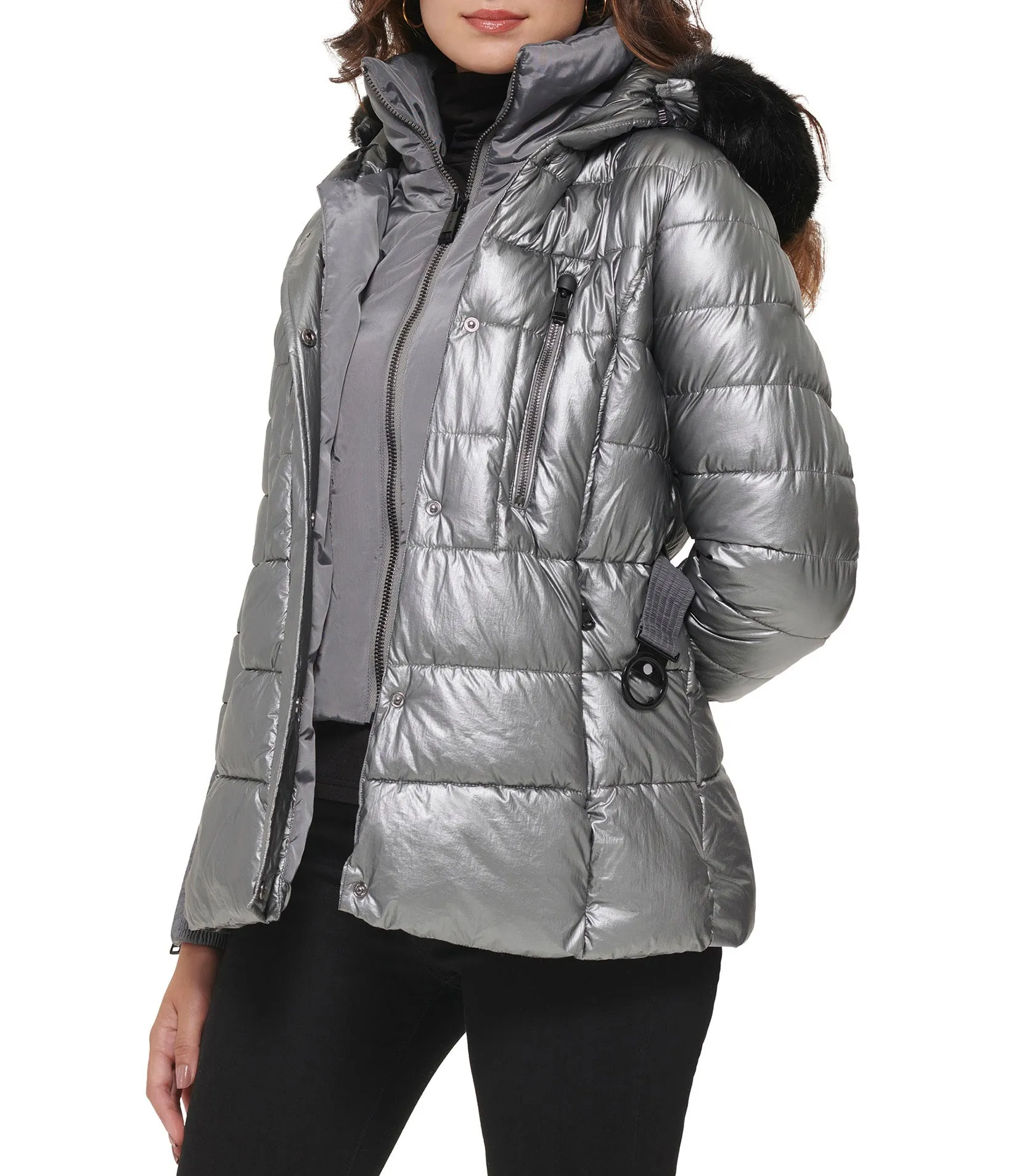 Apres Ski Crinkle Metallic Belted Coat With Hood