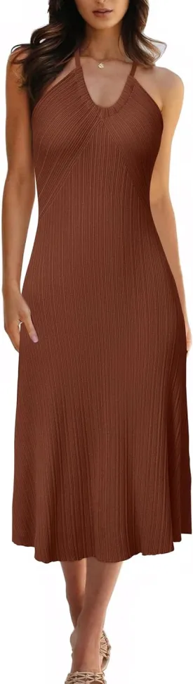 Arach&Cloz Women's Summer Dress 2025 Halter V Neck Sleeveless Ribbed Knit Casual Beach Vacation Outfits Midi Sundress