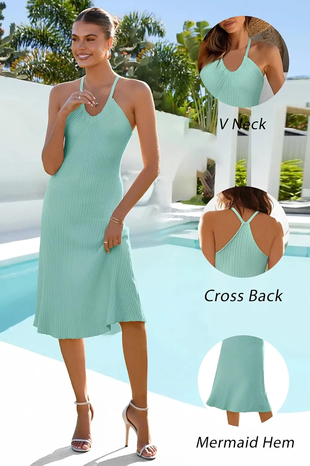 Arach&Cloz Women's Summer Dress 2025 Halter V Neck Sleeveless Ribbed Knit Casual Beach Vacation Outfits Midi Sundress