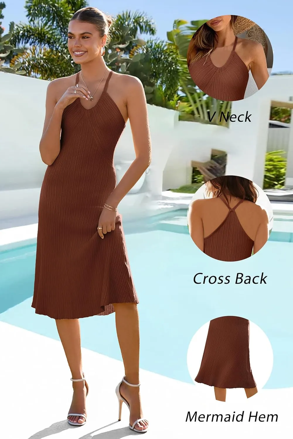 Arach&Cloz Women's Summer Dress 2025 Halter V Neck Sleeveless Ribbed Knit Casual Beach Vacation Outfits Midi Sundress