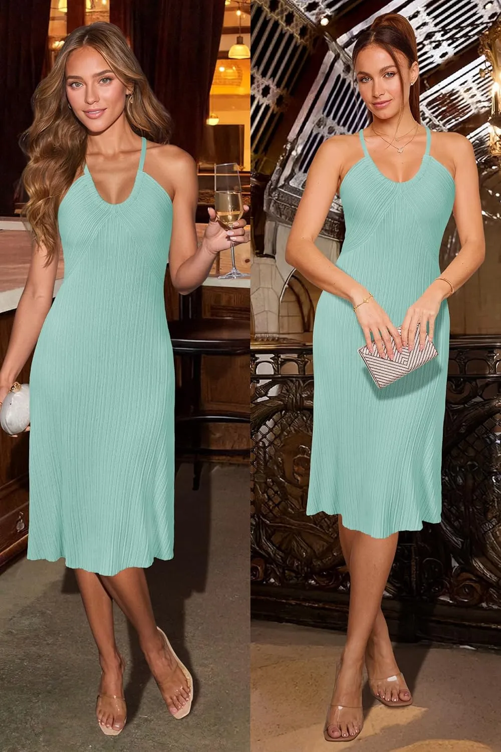 Arach&Cloz Women's Summer Dress 2025 Halter V Neck Sleeveless Ribbed Knit Casual Beach Vacation Outfits Midi Sundress