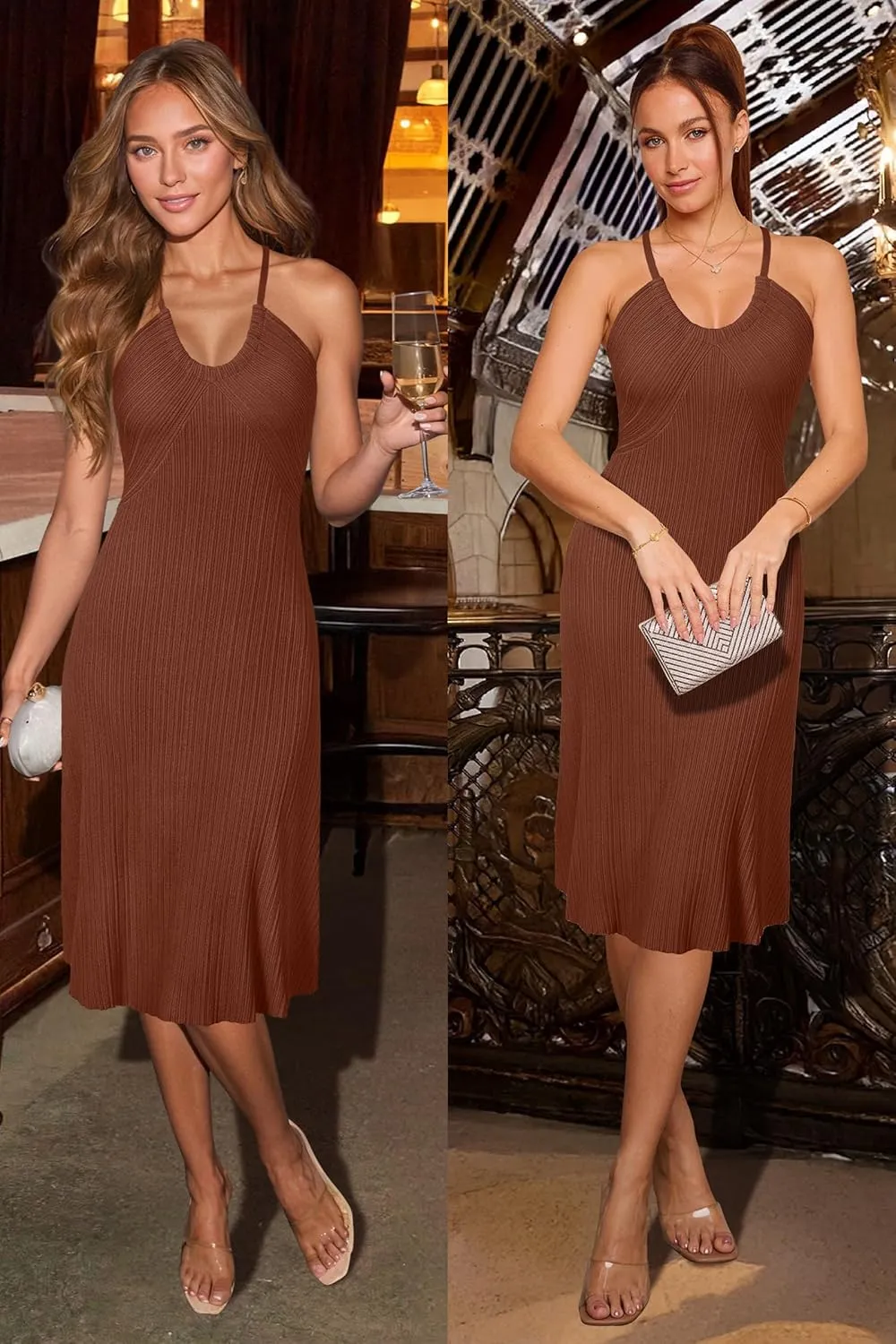 Arach&Cloz Women's Summer Dress 2025 Halter V Neck Sleeveless Ribbed Knit Casual Beach Vacation Outfits Midi Sundress