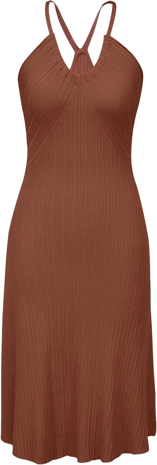 Arach&Cloz Women's Summer Dress 2025 Halter V Neck Sleeveless Ribbed Knit Casual Beach Vacation Outfits Midi Sundress