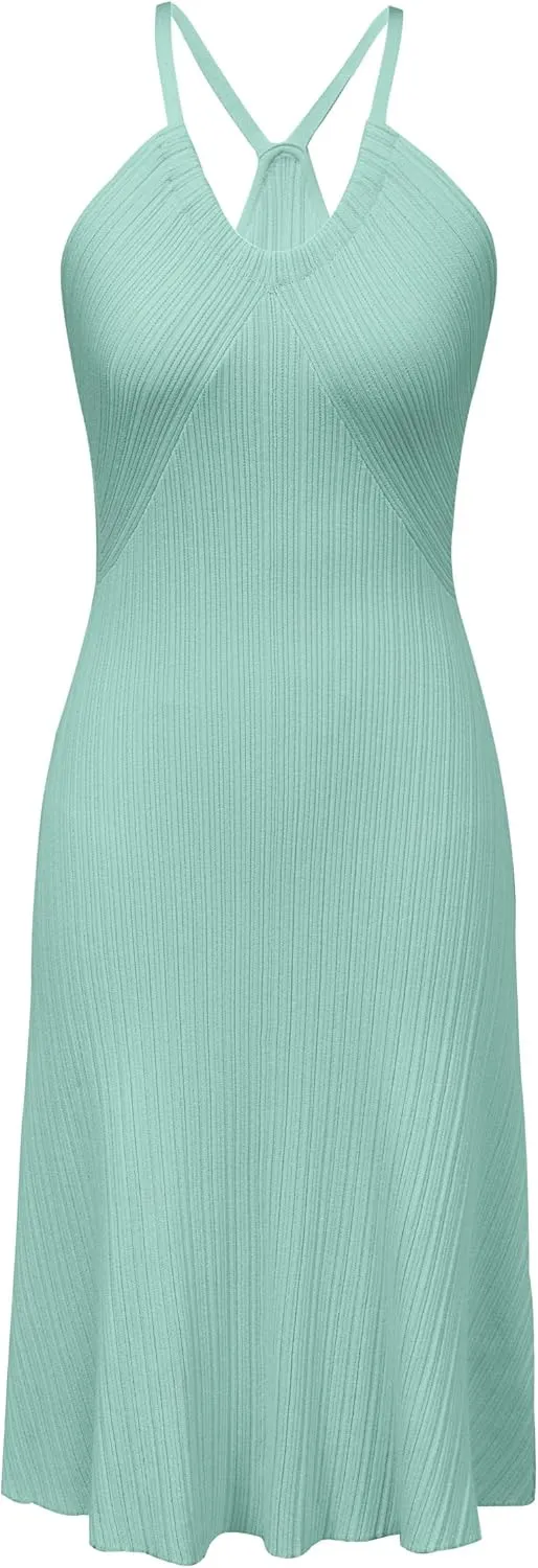 Arach&Cloz Women's Summer Dress 2025 Halter V Neck Sleeveless Ribbed Knit Casual Beach Vacation Outfits Midi Sundress
