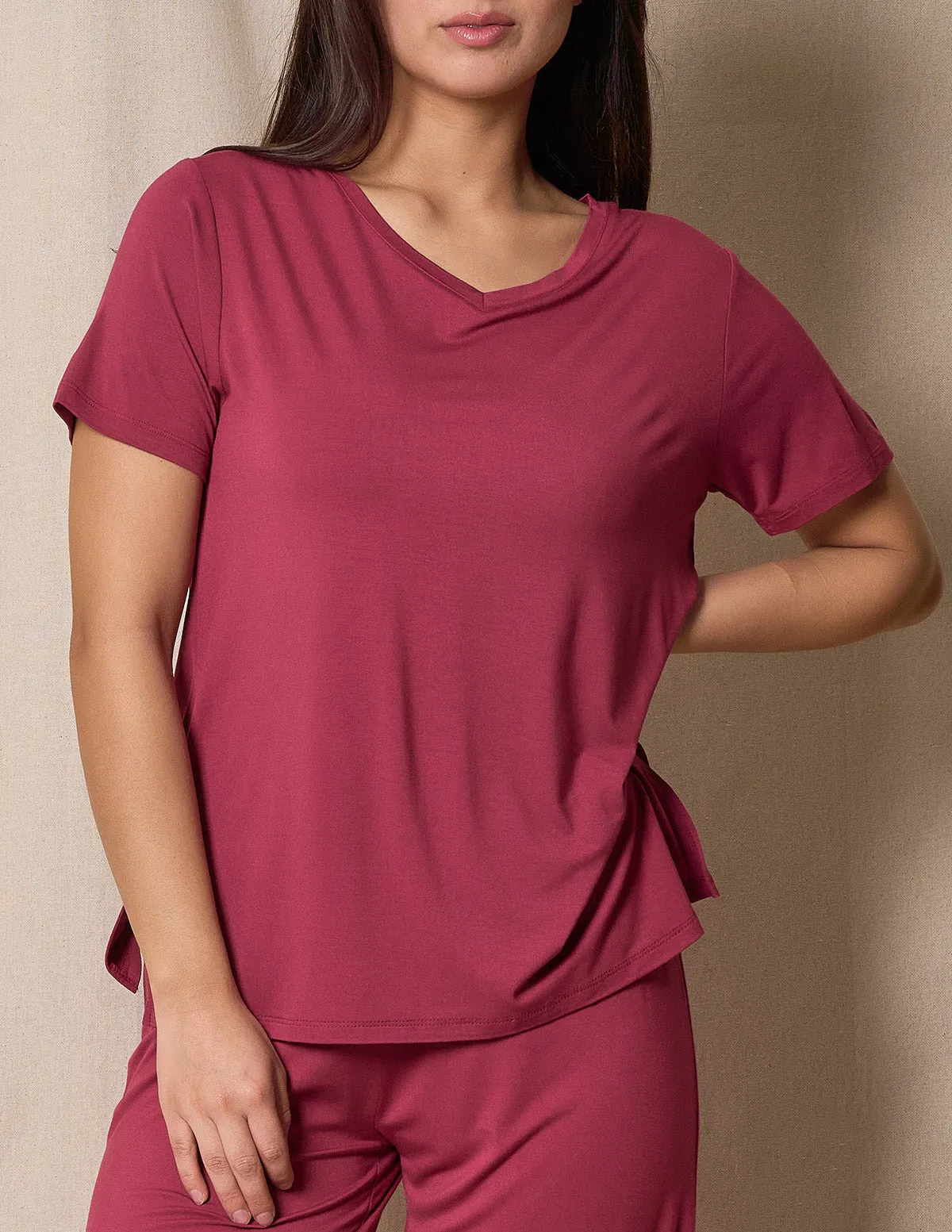 Bamboo V-Neck Sleep Tee - Burgundy Rose- Small and 2X Only