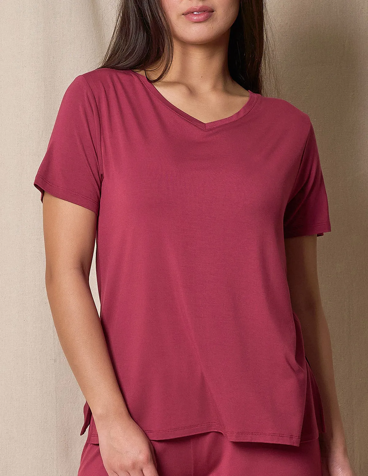 Bamboo V-Neck Sleep Tee - Burgundy Rose- Small and 2X Only