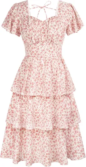 Belle Poque Women's Square Neck Tiered Ruffle Dress 2025 Summer Vintage Short Sleeve Layered A-line Swing Midi Dress