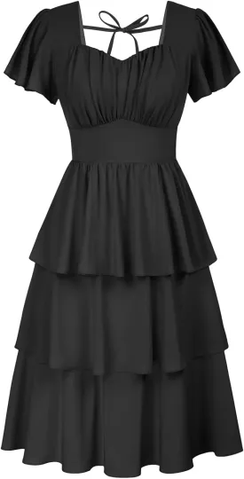 Belle Poque Women's Square Neck Tiered Ruffle Dress 2025 Summer Vintage Short Sleeve Layered A-line Swing Midi Dress