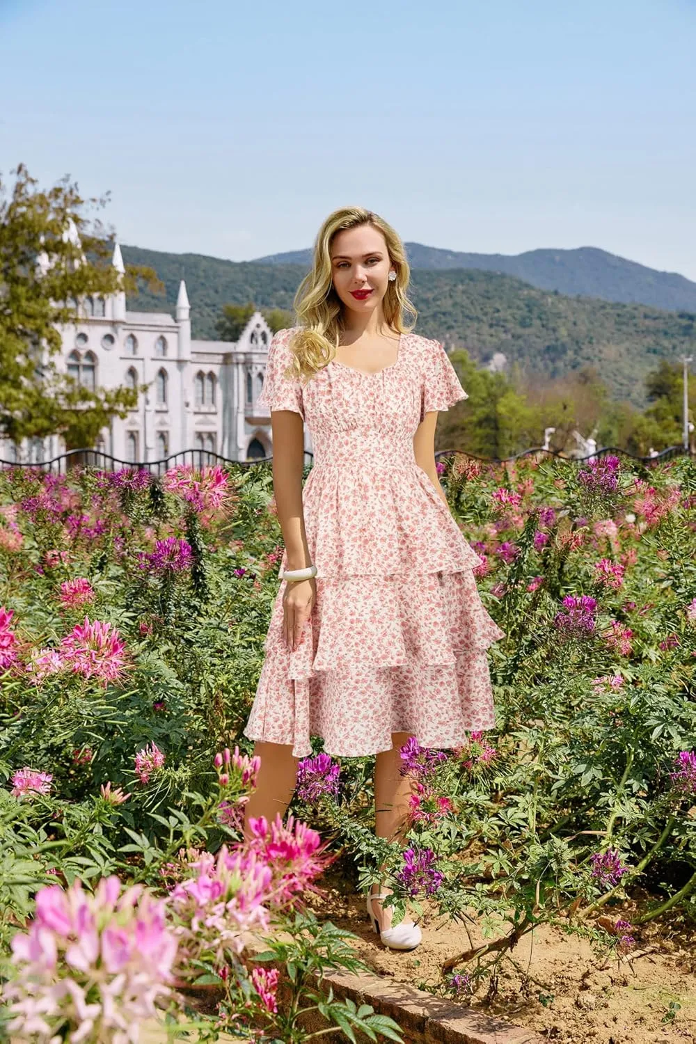 Belle Poque Women's Square Neck Tiered Ruffle Dress 2025 Summer Vintage Short Sleeve Layered A-line Swing Midi Dress