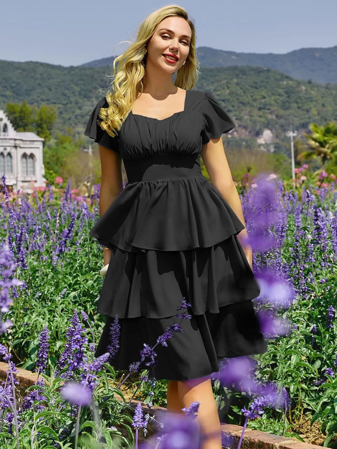 Belle Poque Women's Square Neck Tiered Ruffle Dress 2025 Summer Vintage Short Sleeve Layered A-line Swing Midi Dress