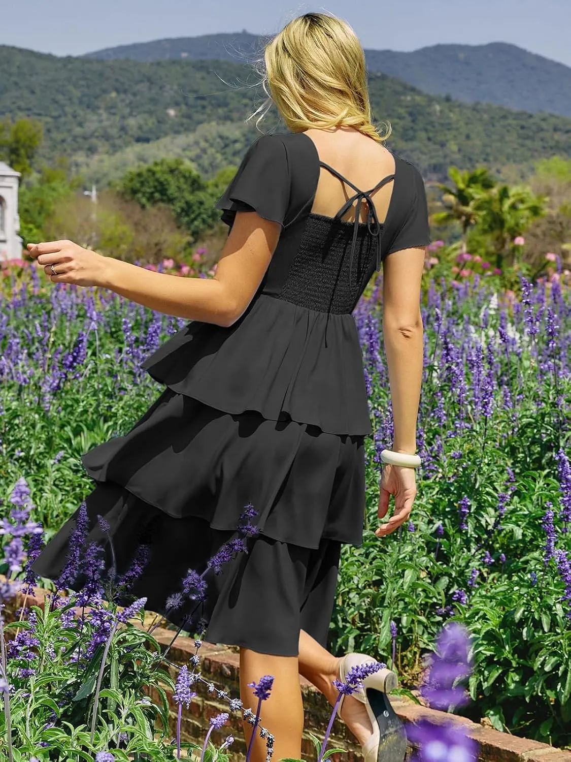 Belle Poque Women's Square Neck Tiered Ruffle Dress 2025 Summer Vintage Short Sleeve Layered A-line Swing Midi Dress