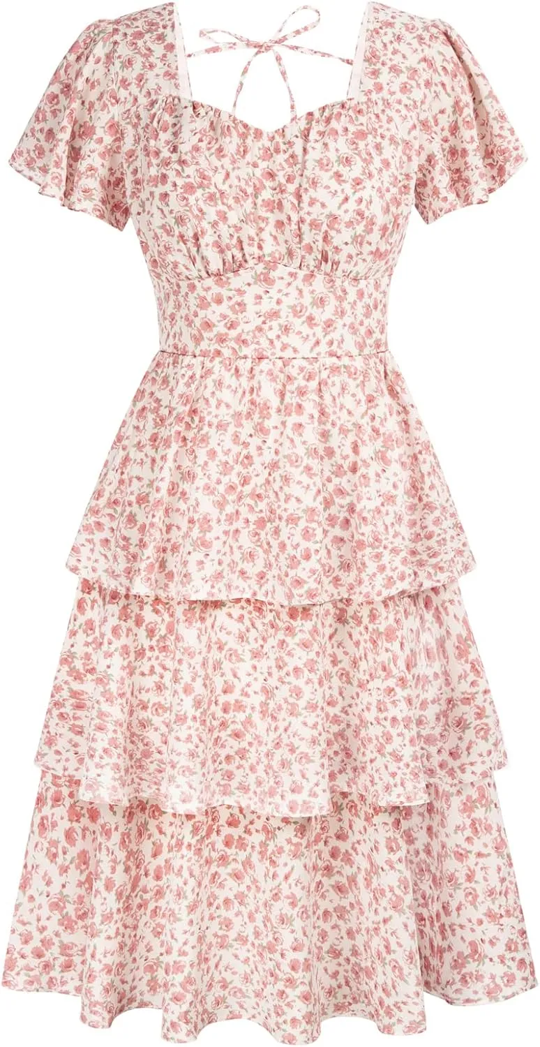 Belle Poque Women's Square Neck Tiered Ruffle Dress 2025 Summer Vintage Short Sleeve Layered A-line Swing Midi Dress