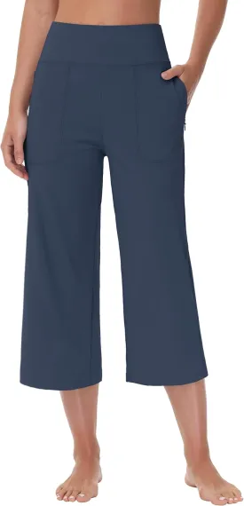 Capri Pants for Women - Cropped Wide Leg Yoga Pant with Zipper Pockets Tummy Control Loose Casual Summer