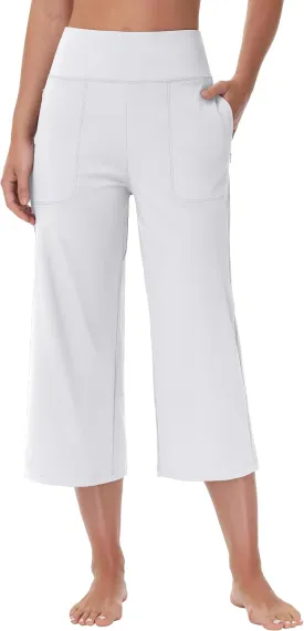 Capri Pants for Women - Cropped Wide Leg Yoga Pant with Zipper Pockets Tummy Control Loose Casual Summer