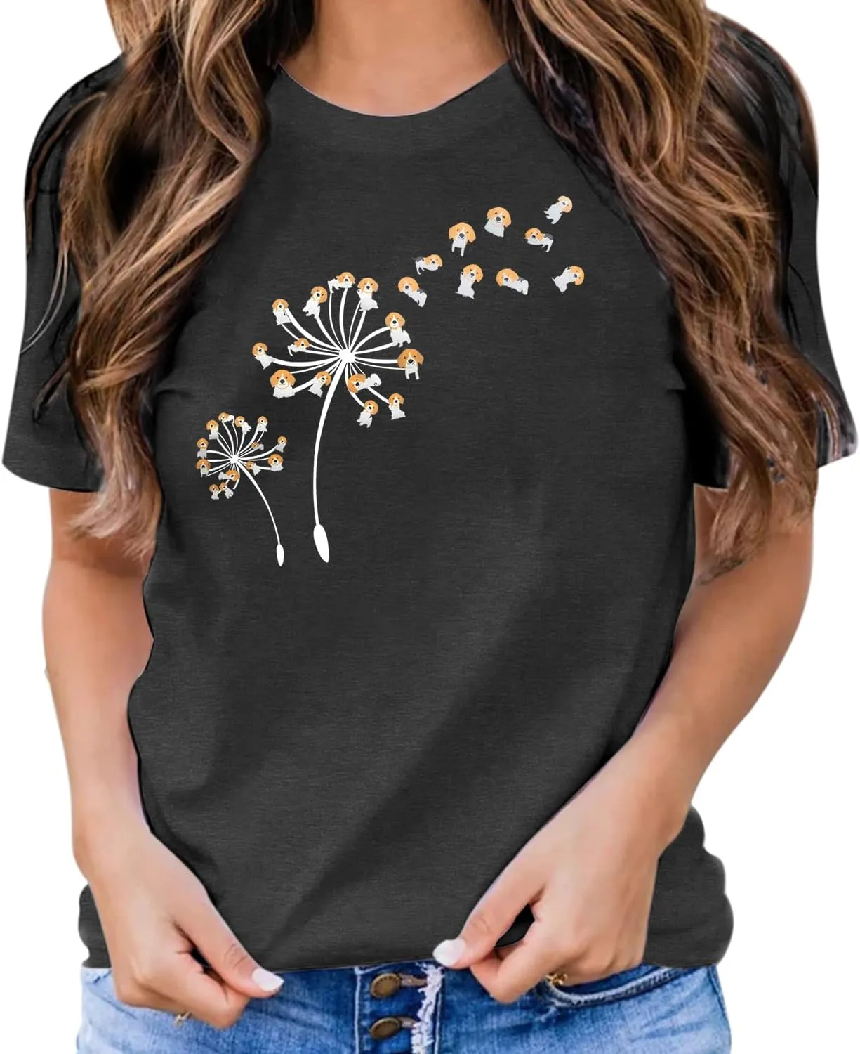 Cat Shirts for Women Flower Tee Shirts Womens Dandelion T-Shirt Cute Dandelion Cat Graphic Print Shirts
