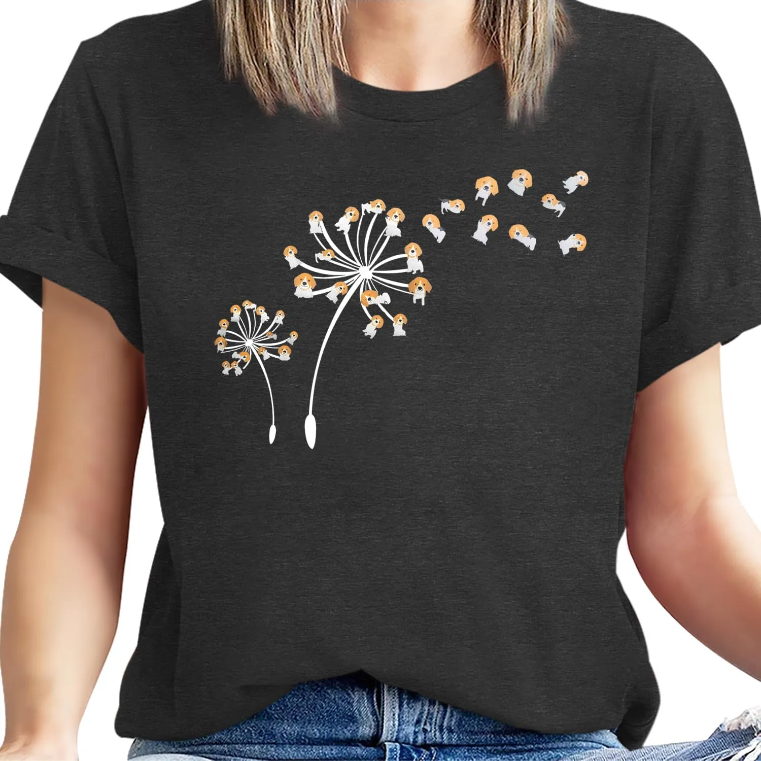 Cat Shirts for Women Flower Tee Shirts Womens Dandelion T-Shirt Cute Dandelion Cat Graphic Print Shirts