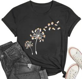 Cat Shirts for Women Flower Tee Shirts Womens Dandelion T-Shirt Cute Dandelion Cat Graphic Print Shirts
