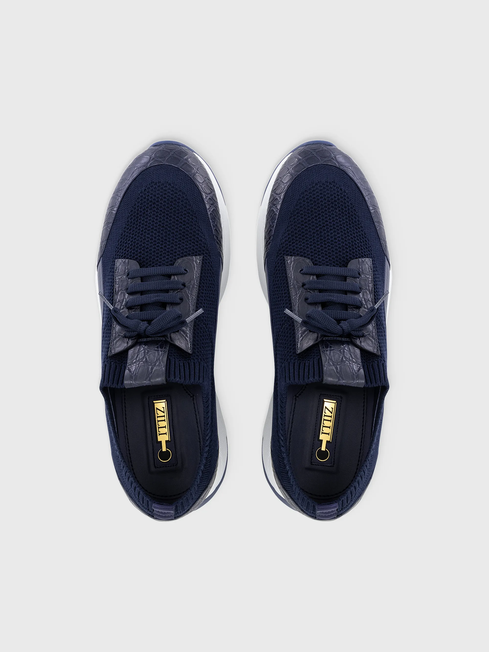 Cotton Knit Sneakers with Crocodile and Calfskin Details