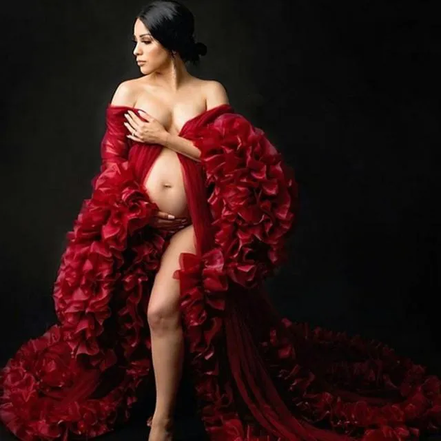 Dark Red Maternity Dresses Plus Size Tiered Ruffles Long Sleeve