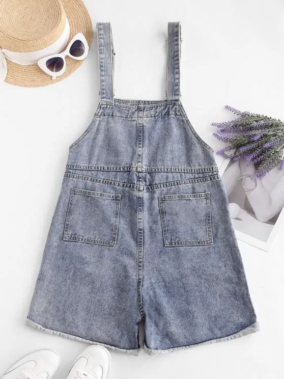 Denim Cuffed Hem Pockets Overalls Romper for Women