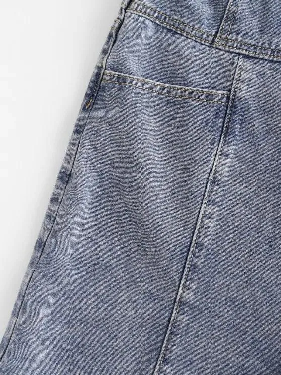 Denim Cuffed Hem Pockets Overalls Romper for Women