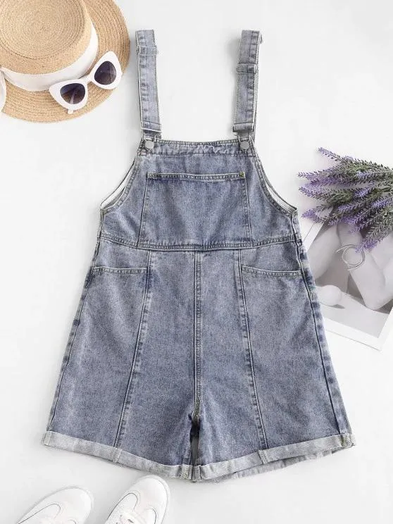 Denim Cuffed Hem Pockets Overalls Romper for Women