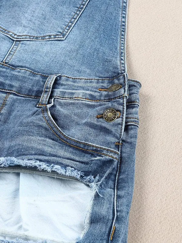 Denim Cuffed Hem Pockets Overalls Romper for Women