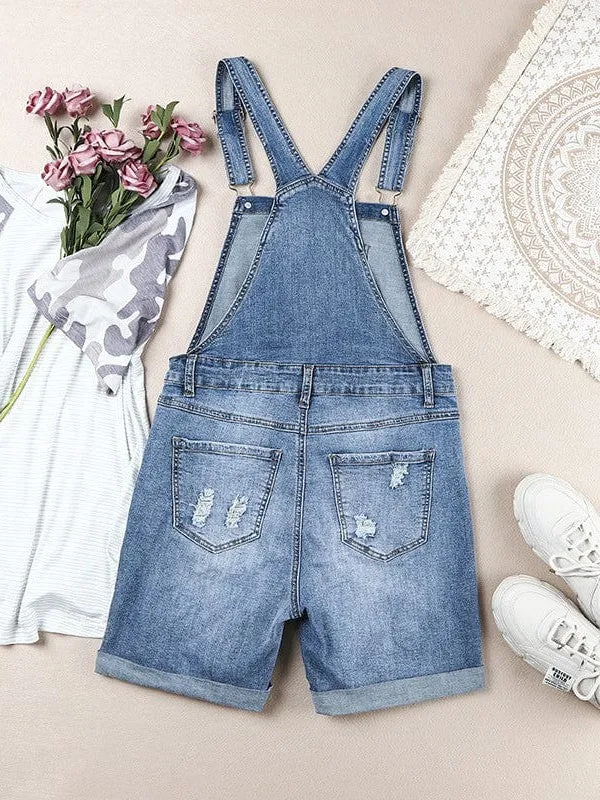Denim Cuffed Hem Pockets Overalls Romper for Women