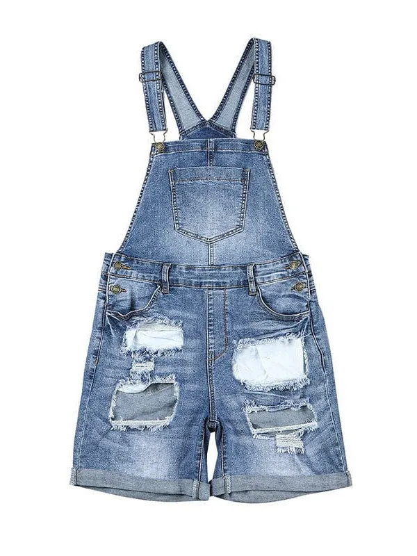 Denim Cuffed Hem Pockets Overalls Romper for Women