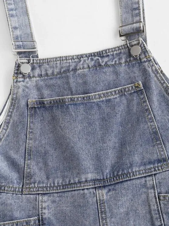 Denim Cuffed Hem Pockets Overalls Romper for Women