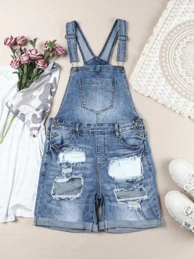 Denim Cuffed Hem Pockets Overalls Romper for Women