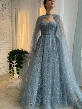 Dusty Blue A-line Prom Dresses, Princess Dresses, Unique Prom Dresses With Cape, Newest Prom Dresses
