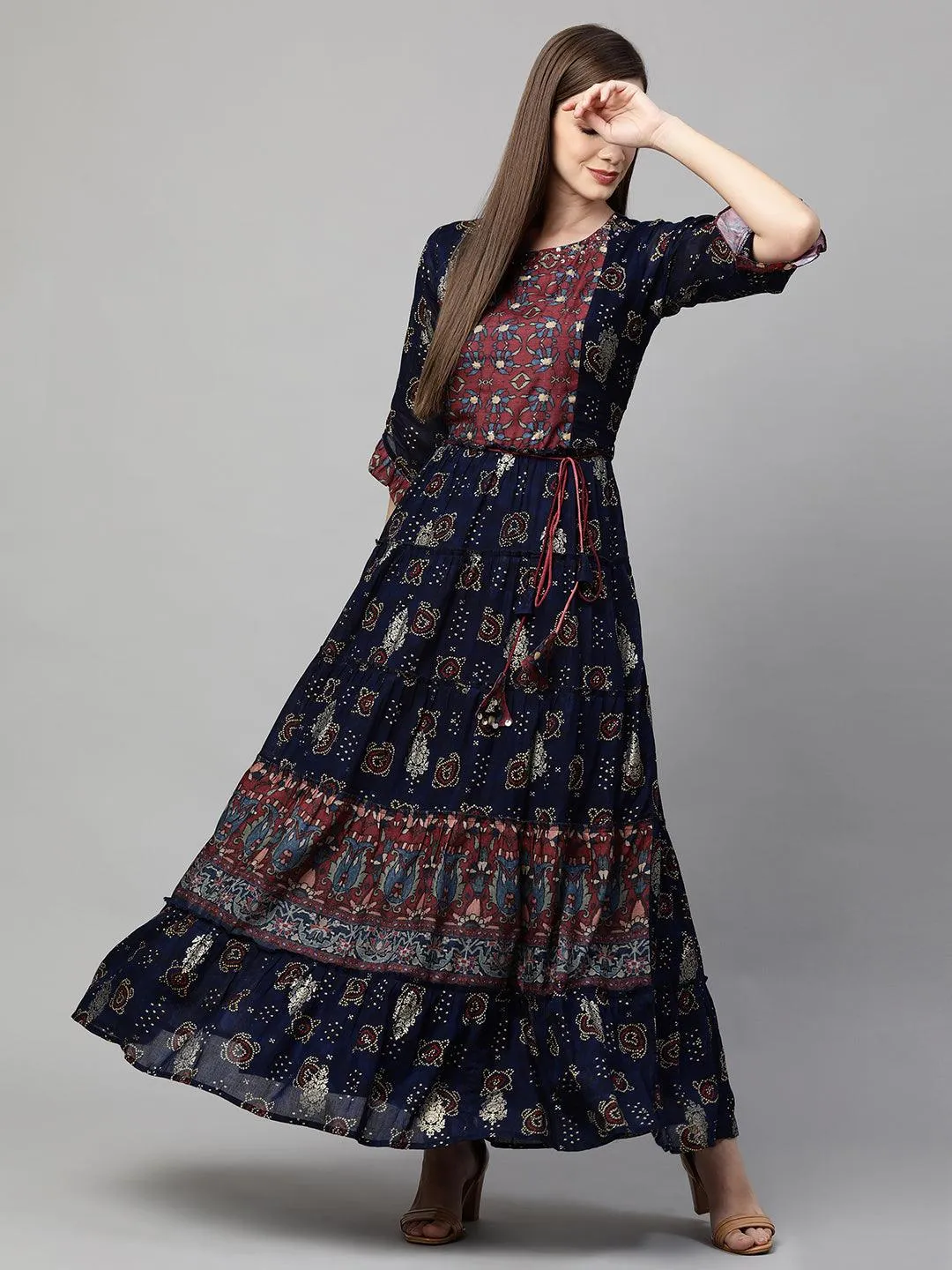 Ethnic Mix Printed Tiered Maxi Dress - Navy Blue