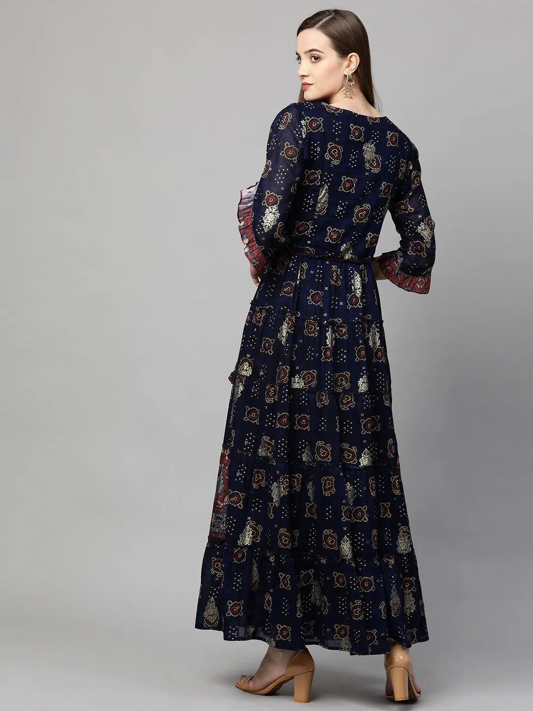 Ethnic Mix Printed Tiered Maxi Dress - Navy Blue