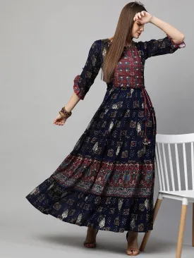 Ethnic Mix Printed Tiered Maxi Dress - Navy Blue